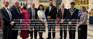 Formal gathering for a group photo with the Larrakia representatives in the middle, with AIATSIS Leader , Bristol City Council members, and the Lord Mayor at the ceremony marking the return of cultural items to Larrakia Country.