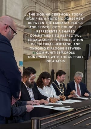 Representatives from the Larrakia people and Bristol City Council sign a historic agreement at a formal ceremony at the front of the Ceremony.