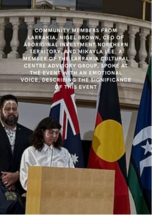 Mikayla Lee from the Larrakia Cultural Centre Advisory Group speaks at a ceremony to return objects, standing beside Nigel Brown. Behind them are the Australian, Aboriginal, and Torres Strait Islander flags.