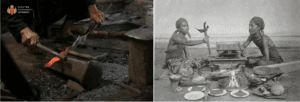 The left image shows the contemporary forging of a keris and the right side image is an old photograph from the 1920. It showcases two people finishing the craft of a keris sheath.