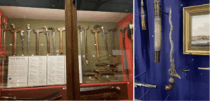 Two images of kersises being mounted and displayed in museum collections.