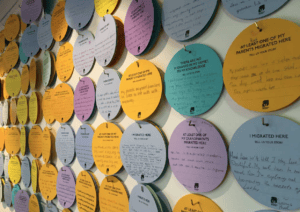 Colourful paper disks with writing in them nailed to a white wall